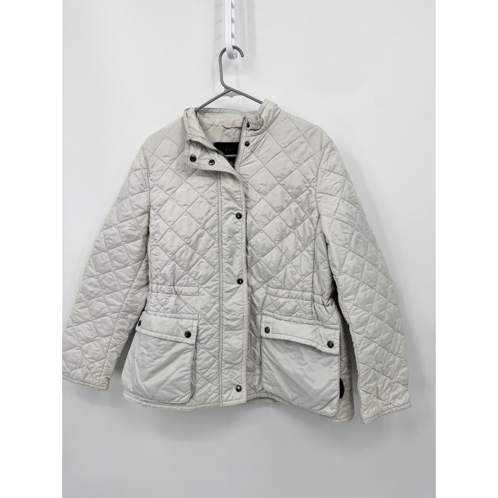 Coach Quilted Barn Jacket Women XL Off White Diamond Stitch Leather Trim